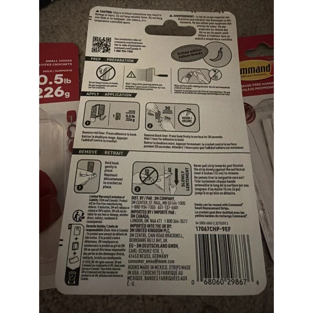 3M Command Red Small Wire Hooks -9 Hooks, 12 Strips - holds .5lbs Lot of 3